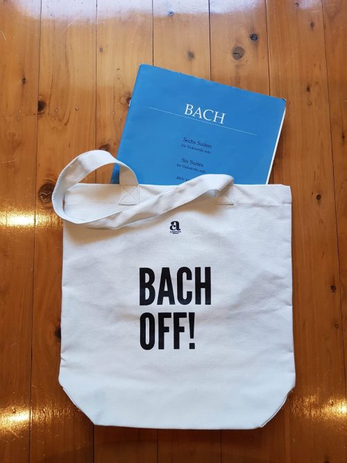 white music bag with Bach Off slogan